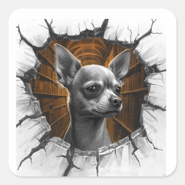 Chihuahua Peers Through A Grey Wooden Wall Quadratischer Aufkleber (Vorderseite)