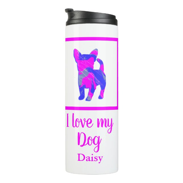 Chihuahua Pet Hund Hot Pink & Blue Silhouette Thermosbecher (Nach rechts gedreht)
