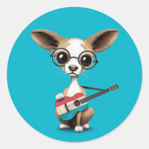 Chihuahua Puppy Dog Playing Luxembourg Flag Guitar Runder Aufkleber