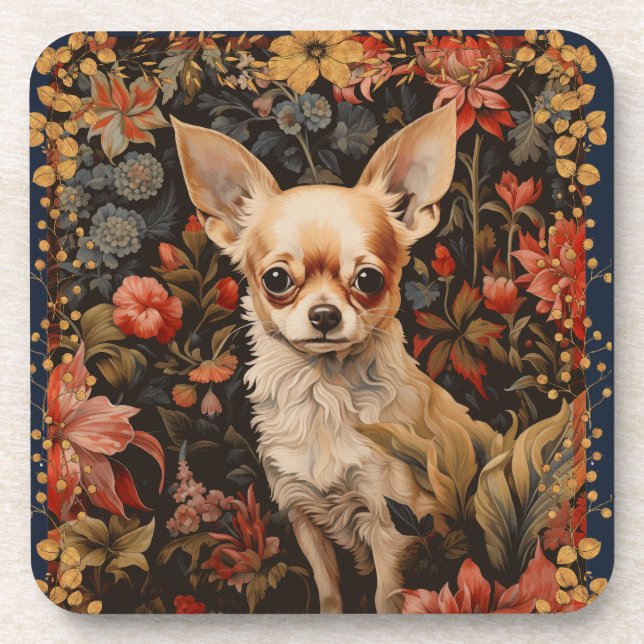 Chihuahua Puppy im Stil von William Morris Getränkeuntersetzer (Vorderseite)