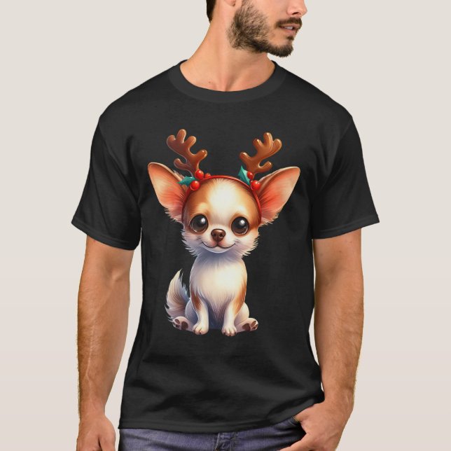 Chihuahua Reindeer Weihnachtsmannmütze Xmas Lights T-Shirt (Vorderseite)