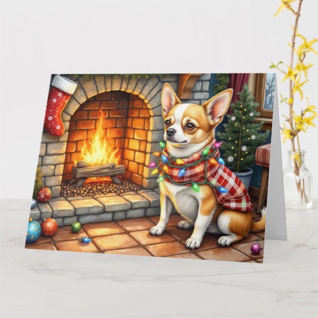 Chihuahua Sitting Fireplace with Christmas Lights Karte (Gelbe Blume)