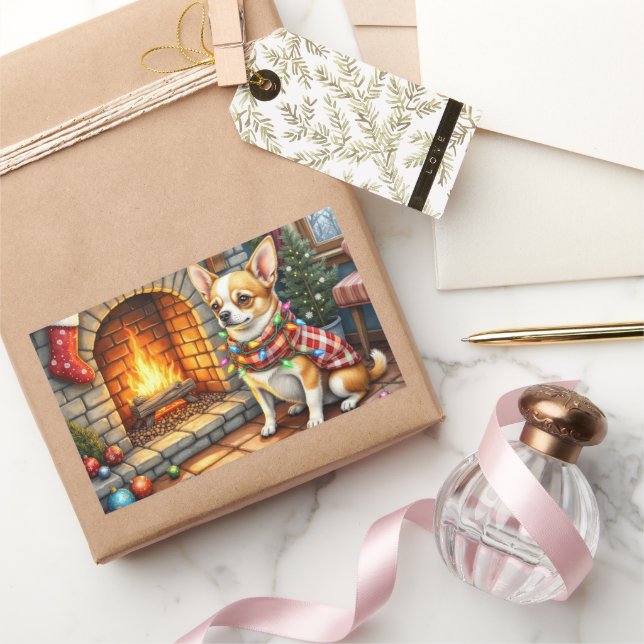 Chihuahua Sitting Fireplace with Christmas Lights Rechteckiger Aufkleber (Schenken)