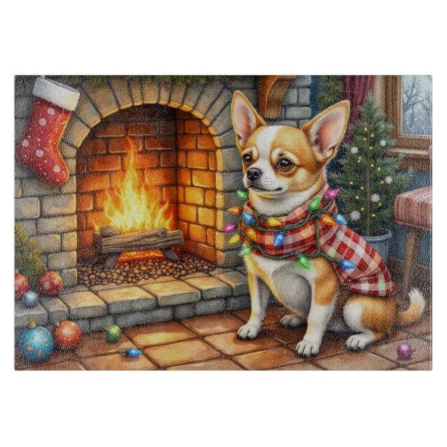 Chihuahua Sitting Fireplace with Christmas Lights Schneidebrett (Vorderseite)