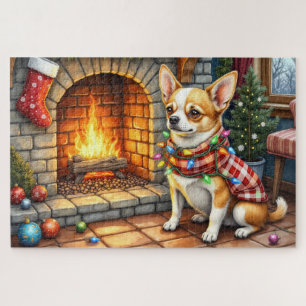 Chihuahua sitzt vor dem Kamin mit Weihnachtslichte Puzzle