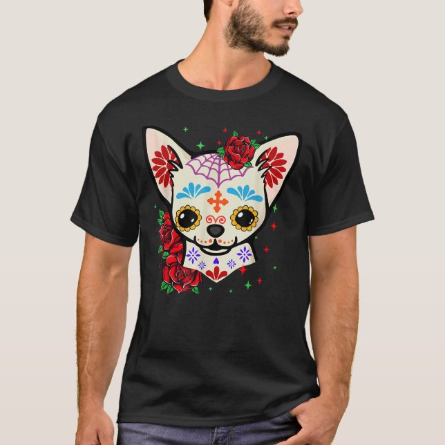 Chihuahua Skulls Day of the Dead Sugar Skull Hund  T-Shirt (Vorderseite)
