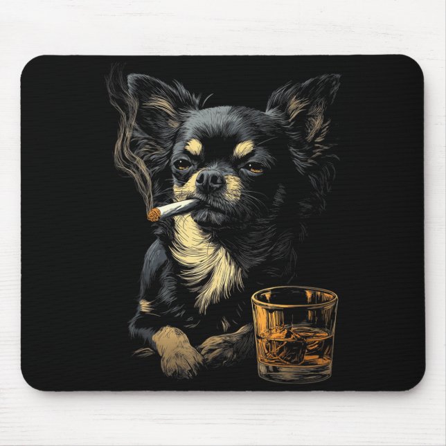 Chihuahua Smoking Cigarette Whisky Lover Funny Dog Mousepad (Vorne)
