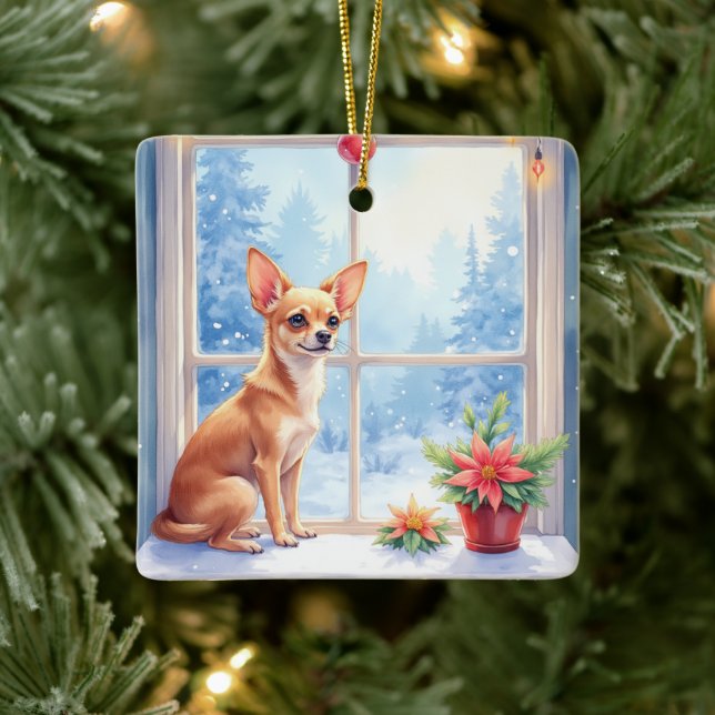 Chihuahua Snowy Windowsill Holiday Christmas Art Keramikornament (Baum)