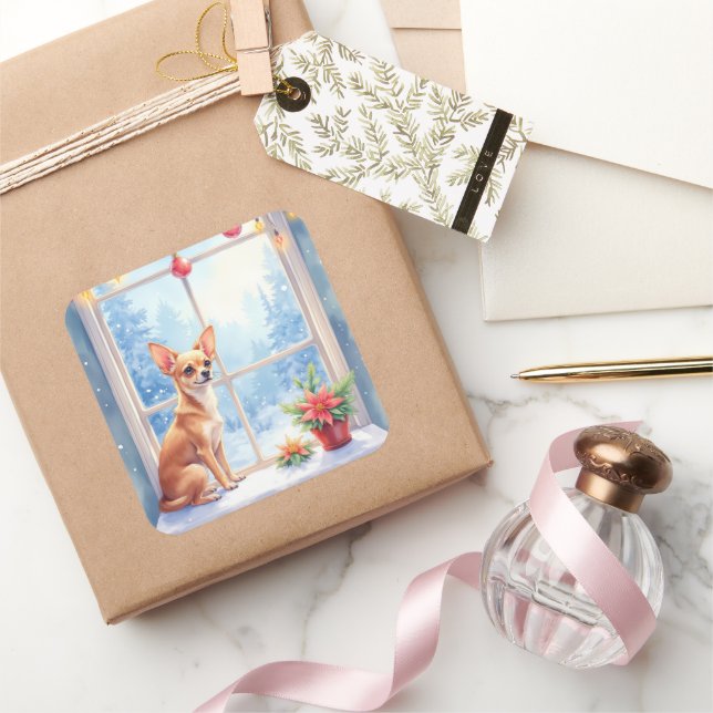 Chihuahua Snowy Windowsill Holiday Christmas Art Quadratischer Aufkleber (Schenken)