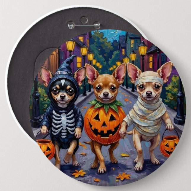 Chihuahua Trick-or-Treating in Halloween-Kostümen Button (Vorne & Hinten)