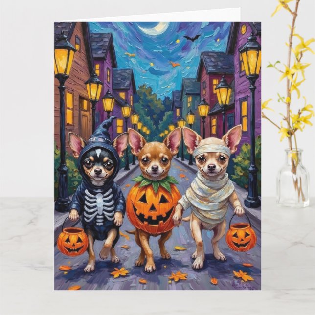 Chihuahua Trick-or-Treating in Halloween-Kostümen Karte (Gelbe Blume)