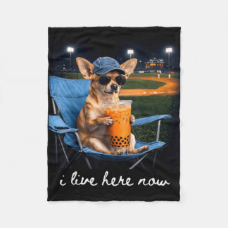 Chihuahua trinkt Eiskaffee Baseballfeld live Fleecedecke