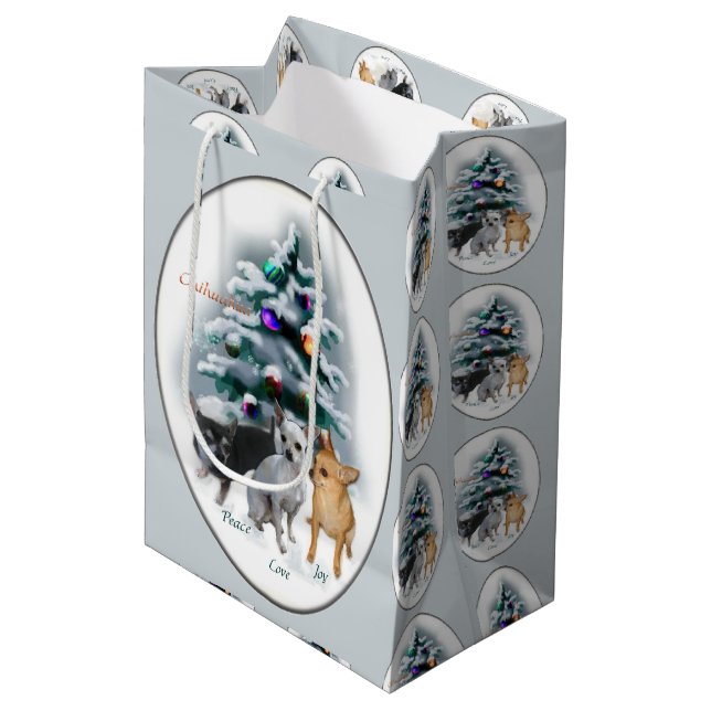 Chihuahua Trio Christmas Mittlere Geschenktüte (Vorderseite Schrägansicht)