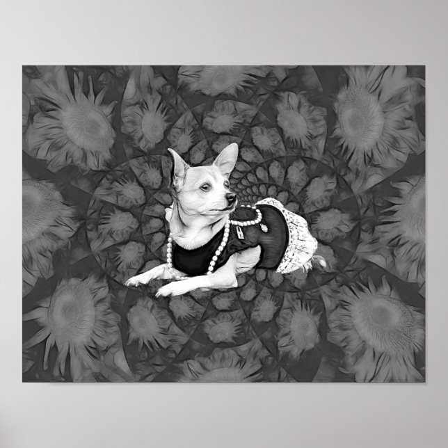 Chihuahua Vintage Schwarz-Weiß-Hunde Kunst Poster (Vorne)