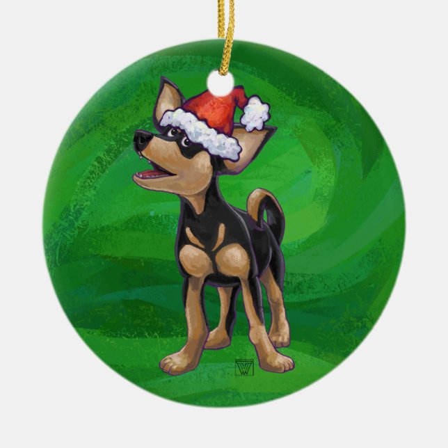 Chihuahua Weihnachten auf Grün Keramikornament (Vorne)