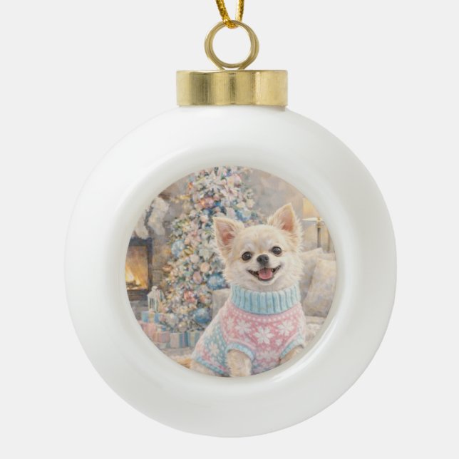 Chihuahua-Weihnachtsbaumanhänger Keramik Kugel-Ornament (Vorderseite)