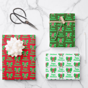 Chihuahua-Weihnachtshund & grüner Bogen 3 Farbvari Geschenkpapier Set