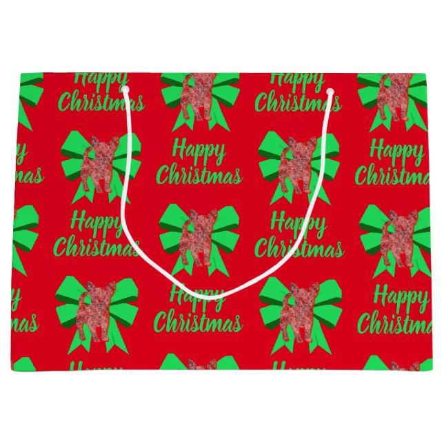 Chihuahua Weihnachtshund & Grüner Bow Große Gesche Große Geschenktüte (Vorderseite)