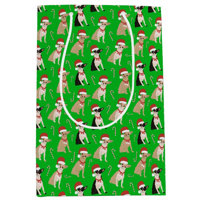 Chihuahua Weihnachtsmannmütze Candy Cane Green Chr Mittlere Geschenktüte (Vorderseite)