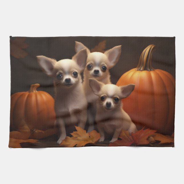 Chihuahua Welpe Autumn Delight Pumpkin Geschirrtuch (Horizontal)