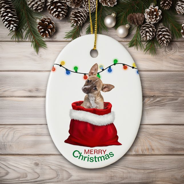 Chihuahua Welpe in der Geschenktasche Weihnachten Keramik Ornament (Von Creator hochgeladen)