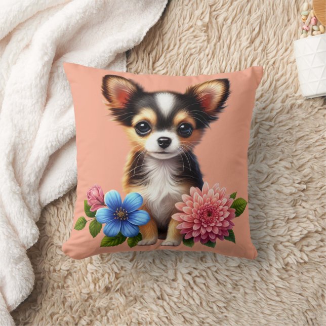 Chihuahua Welpe mit dekorativen Blume Kissen (Decke)