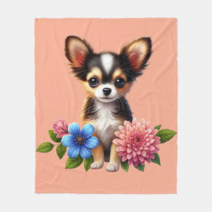 Chihuahua-Welpe mit dekorativen Blumen Fleecedecke