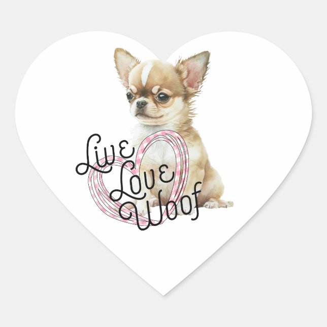 Chihuahua Whispers: Leben, Liebe, Woof in Wasserfa Herz-Aufkleber (Vorderseite)