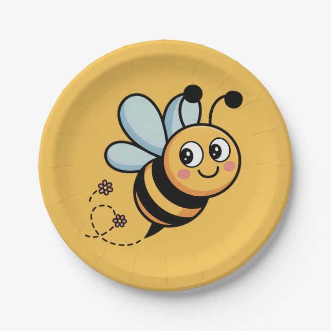 Child-Friendly Bee Mascot with Dotted Trail Pappteller (Vorderseite)
