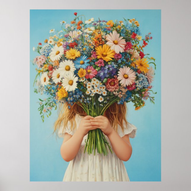Child Holding a Lush Wildblume Bouquet Poster (Vorne)