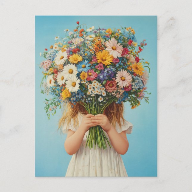 Child Holding a Lush Wildblume Bouquet Postkarte (Vorderseite)