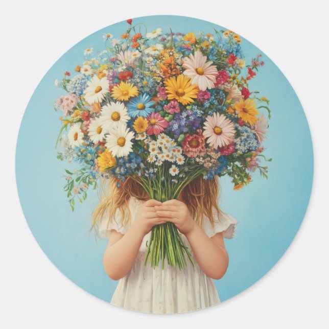 Child Holding a Lush Wildblume Bouquet Runder Aufkleber (Vorderseite)