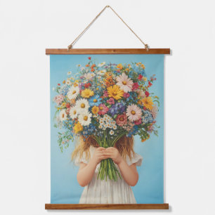 Child Holding a Lush Wildblume Bouquet Wandteppich Mit Holzrahmen