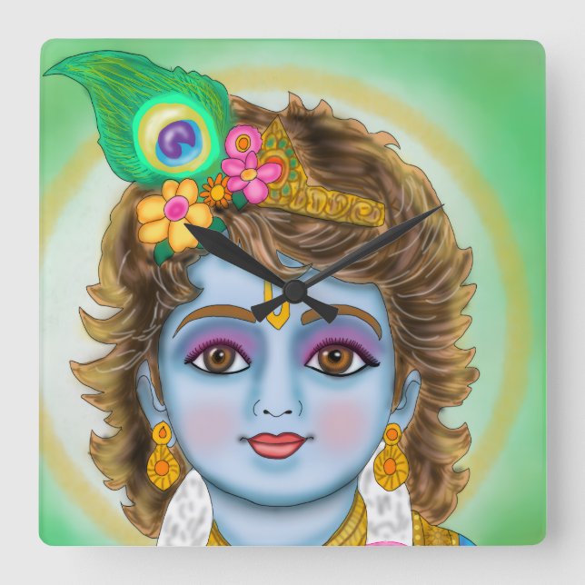 Child Krishna Clock Quadratische Wanduhr (Vorderseite)