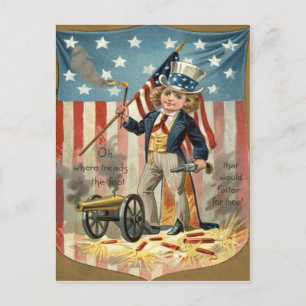 Child Uncle Sam Cannon Fire US Flag Postkarte