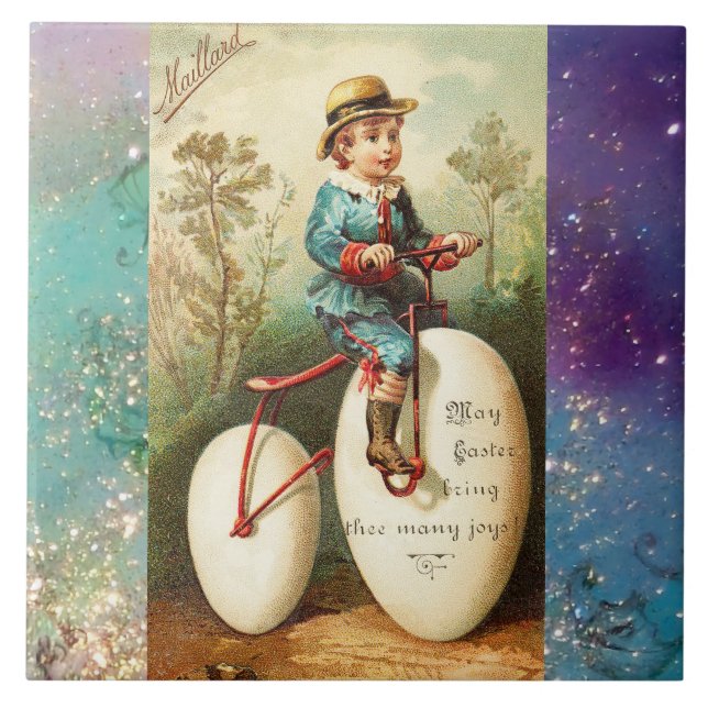 CHILD WITH EASTER EGG BIKE AND COLORFUL FLOWERS FLIESE (Vorderseite)
