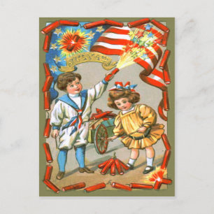 Children American Flag Fireworks Firecracker Postkarte