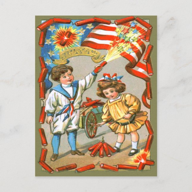 Children American Flag Fireworks Firecracker Postkarte (Vorderseite)