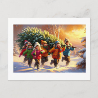 Children Carrying Christmas Tree,  Postkarte
