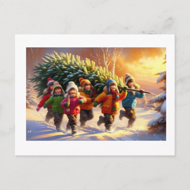 Children Carrying Christmas Tree,  Postkarte (Vorderseite)