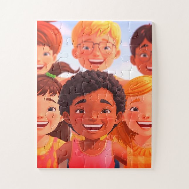 Children Having Fun Together on a 30 Piece Puzzle (Vertikal)