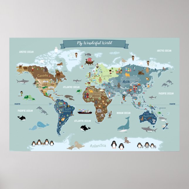 Children World Map mit Niedlichen Illustrationen Poster (Vorne)