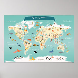 Children World Map mit Tieren und Sehenswürdigkeit Poster