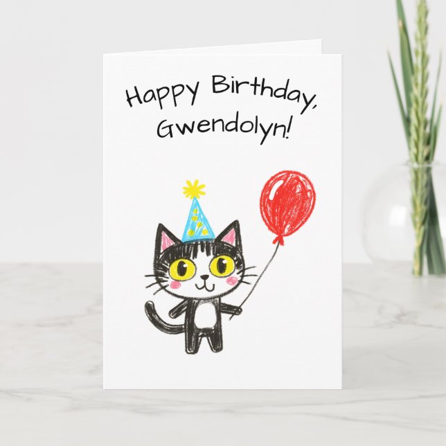 Child's Art Style Tuxedo Cat Birthday Karte (Vorderseite)