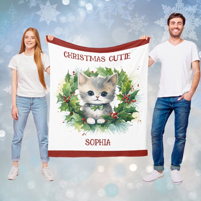 Child's Christmas Blanket With Kitten and Name  Fleecedecke (Child's Christmas Blanket With Kitten and Name)