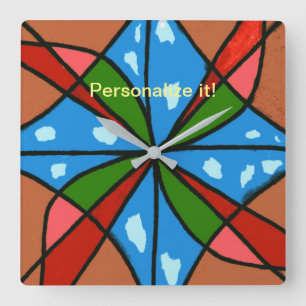 Child's windmill in red, pink, green, pink, blue quadratische wanduhr