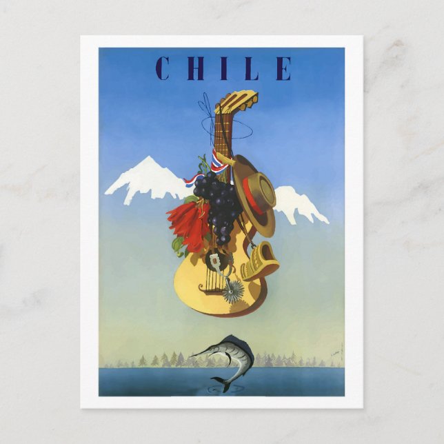Chile. Gitarre über Wasser mit Schwertfisch, Vinta Postkarte (Vorderseite)