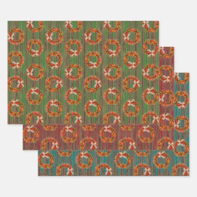 Chile Pepper Wreaths on Rustic Wood Pattern  Geschenkpapier Set (Set)