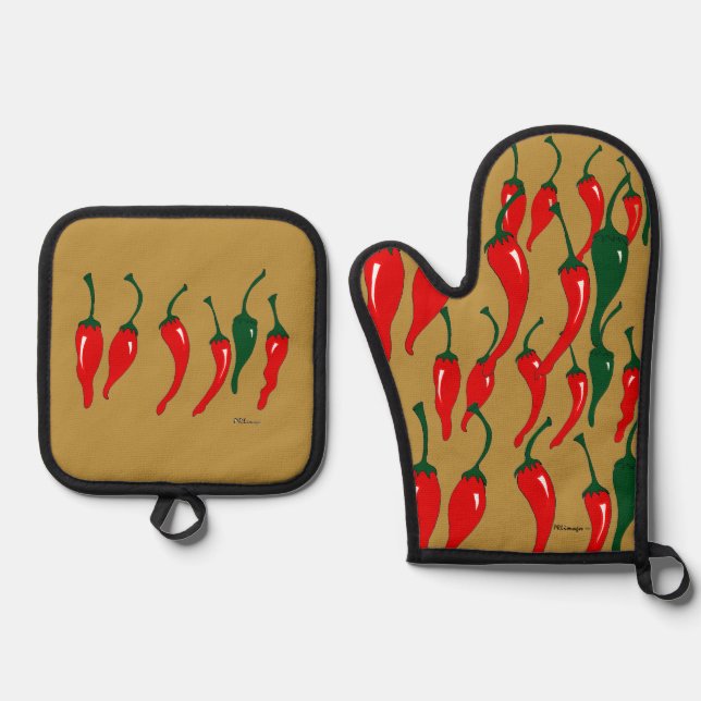 Chili Paprika Ofenhandschuh und Topflappen & Topflappen-Set (Vorderseite)