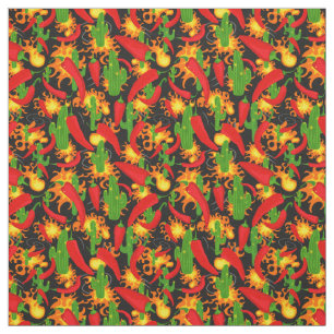 Chili-Paprikaschoten, Kaktus- und Flammenmuster Stoff